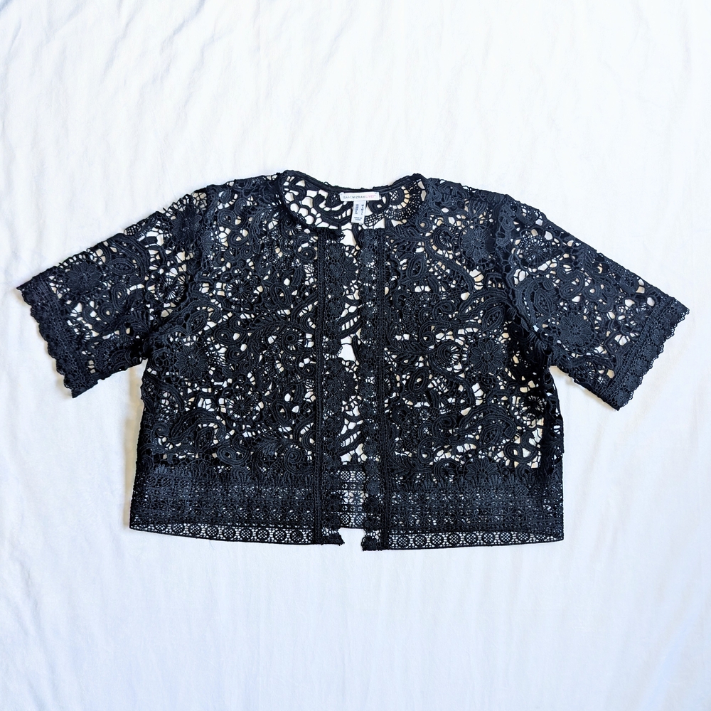 Womens Isaac Mizrahi Live M Black Cardigan Shirt Embroidered Eyelet Mesh Boho